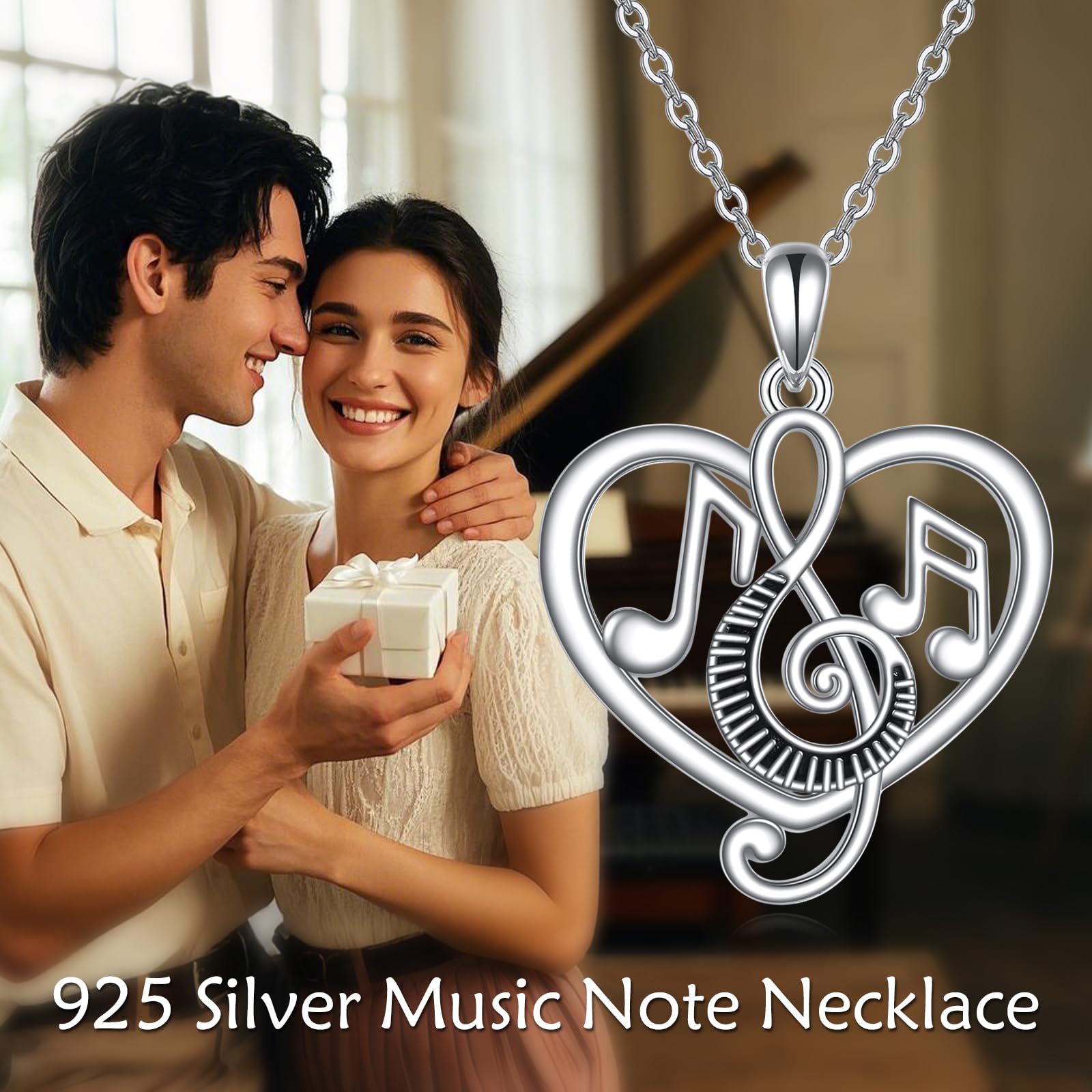 ONEFINITY Collana da donna con note musicali, in argento Sterling 925, con ciondolo a forma di cuore, regalo musicale per gli amanti della musica, Argento sterling, Nessuna pietra preziosa