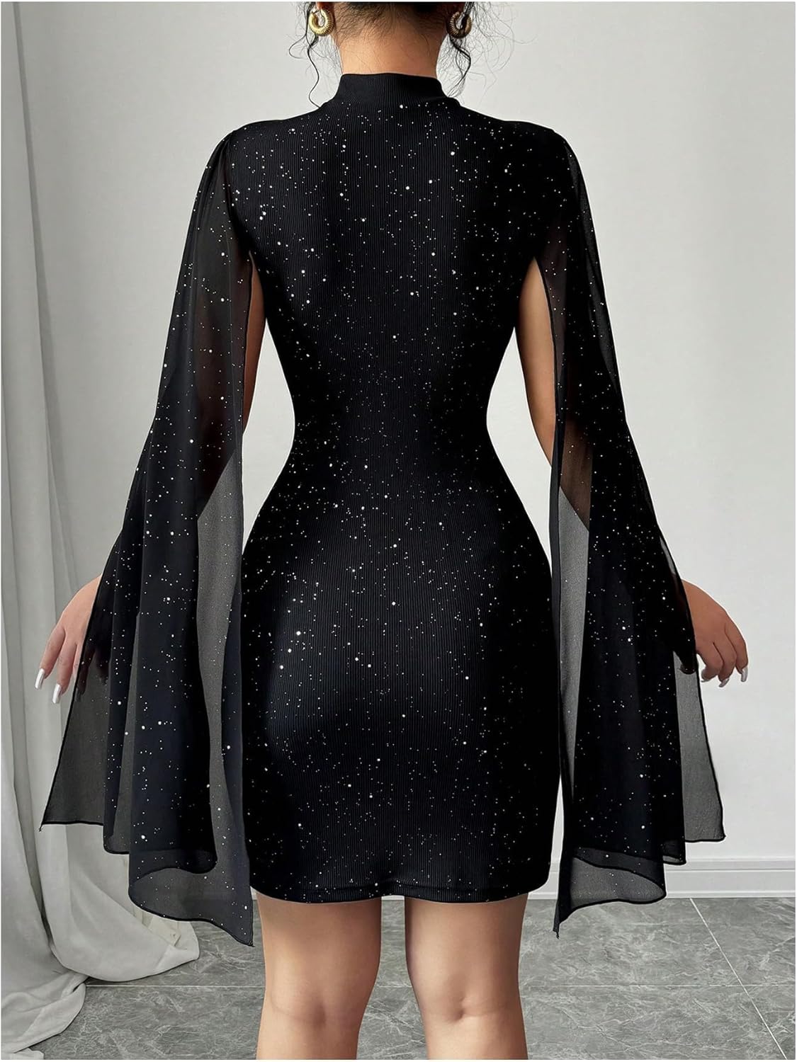 Women's Sequin Cloak Sleeve Dress Mock Neck Cocktail Long Flowy Sleeves for Going Out Fromal Prom Party - Image 3
