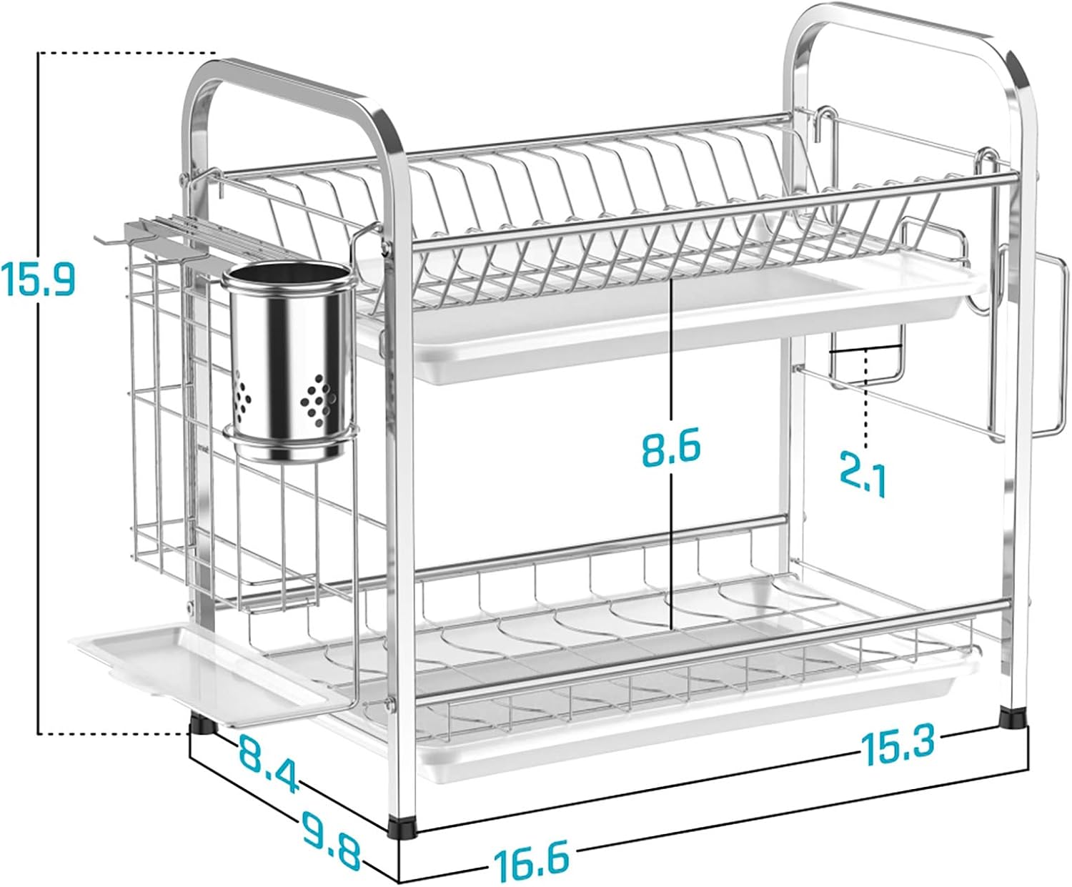 Ace Teah Dish Drying Rack, 304 Strainless Steel Dish Rack,2 Tier Dish Drainer with Utensil Holder,Silver