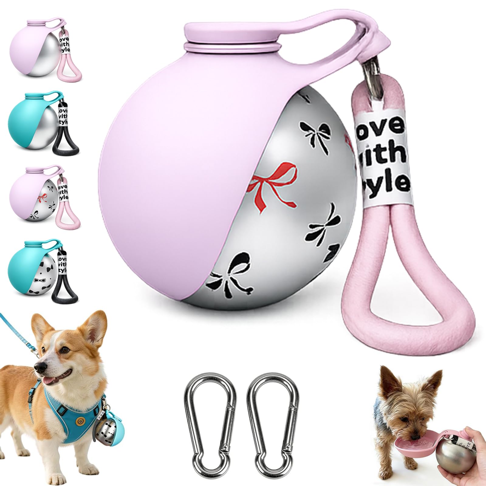 Foldable Pet Water Bottle for Travel, 2-in-1 Leak-Proof Stainless Steel Dog Water Dispenser with Silicone Bowl, Portable Puppy Drinking Feeder for Walking, Hiking & Outdoor Adventures (Pink+Print)
