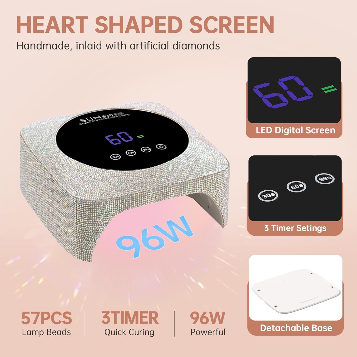 UV Nail Lamp 96W Rechargeable Gel Curing Lamp, Cordless Nail Dryer Gel Polish Light with Large LCD Display, with 3 Timer Setting Auto Sensor for Salon and Home (AB Diamond)