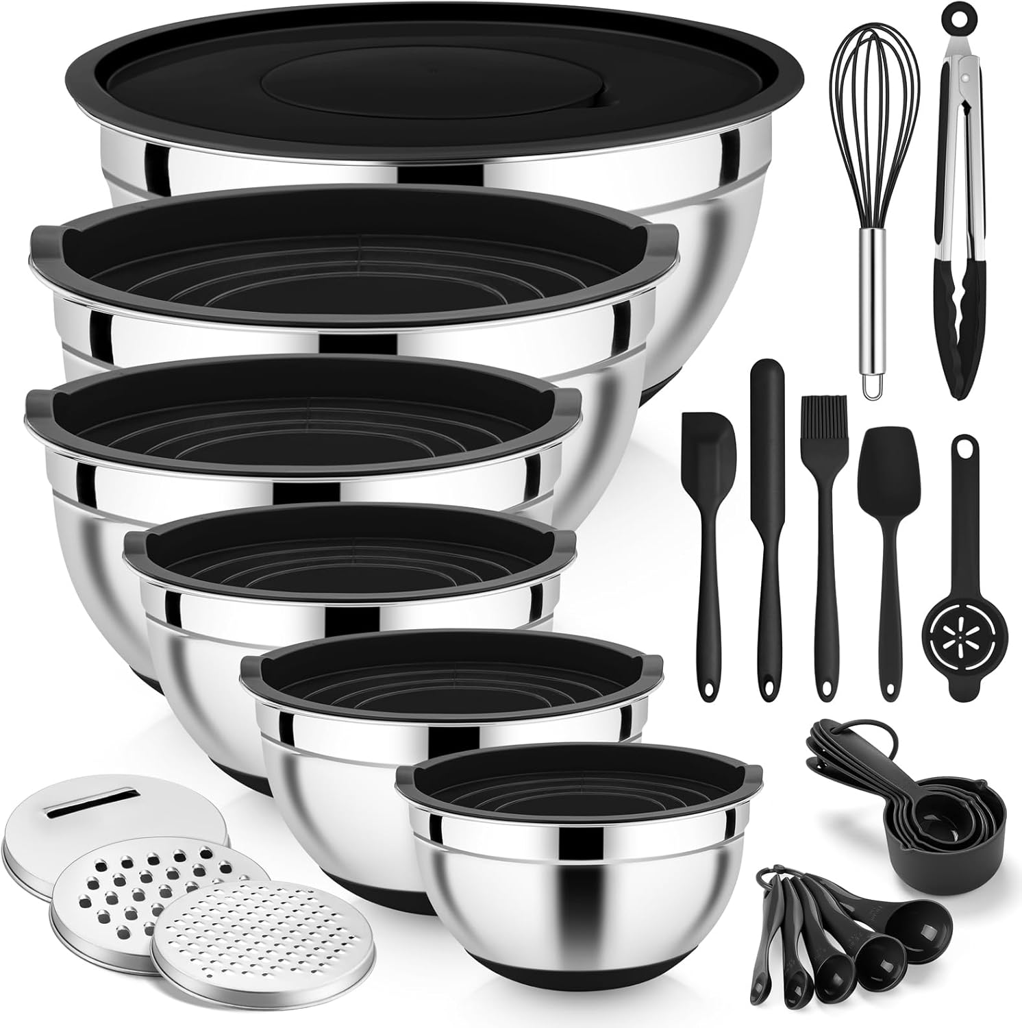 E-far Mixing Bowls with Airtight Lid Set, 25PCS Stainless Steel Nesting Prep Bowls with Grater Attachments Non-Slip Bottoms for Cooking, Baking, Serving, Food Storage, 4.6/2.6/2/1.5/1/0.7QT - Black