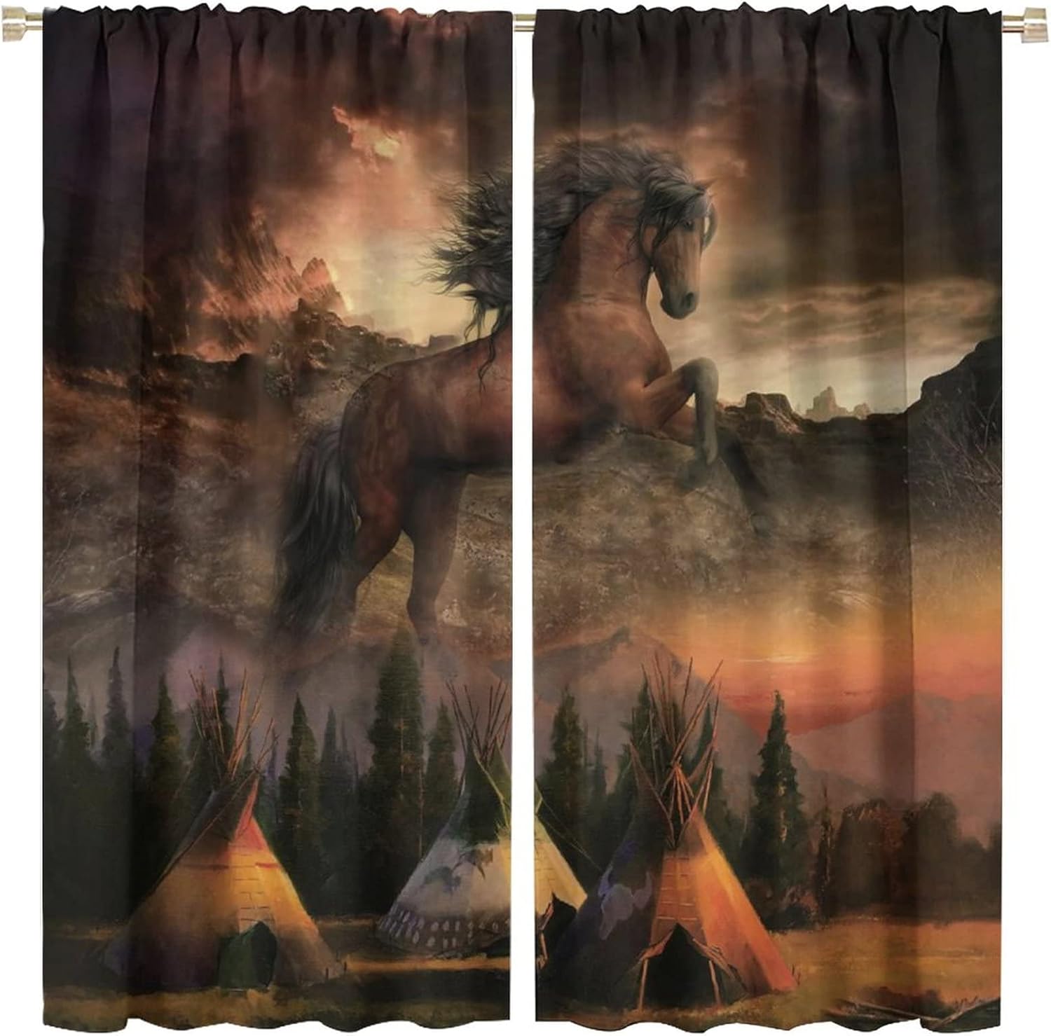 Abstract Indian Tribal War Horse Rod Pocket Blackout Curtains - Rustic Western Forest Wild Animal Horse Window Drapes,Thermal Insulated Room Darkening Curtains 2 Panels 63L x 31.5W