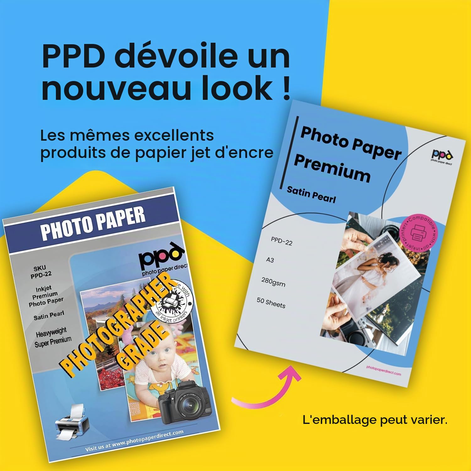 PPD A3 x 50 Feuilles Papiers Photo Super Premium Satiné, Fort Grammage 280g, Jet d' Encre, Séchage Rapide, Microporeux, Résistant à l'eau PPD-22-50
