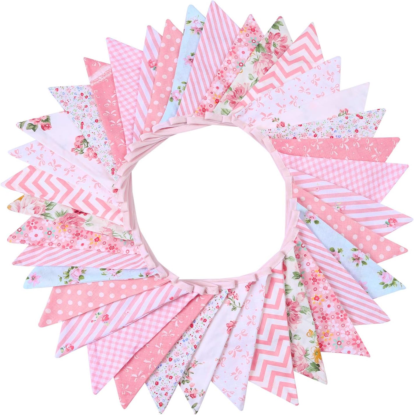 36 Feet Double Sided Fabric Bunting Banner Triangle Flag Garland Decoration with 36 Flags Floral Style for Wedding Birthday Parties (Pink)