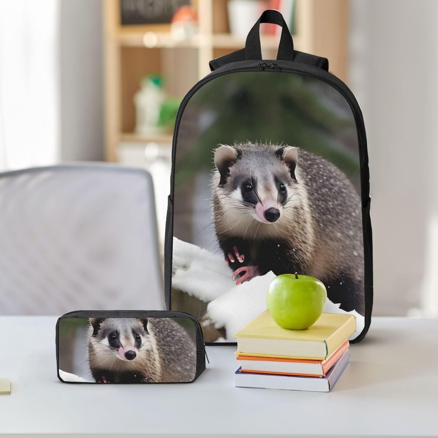 Opossum In Snow print print 3 Piece Backpack Bags with Lunch Box Pencil Case Set for Travel Work Camping Unisex