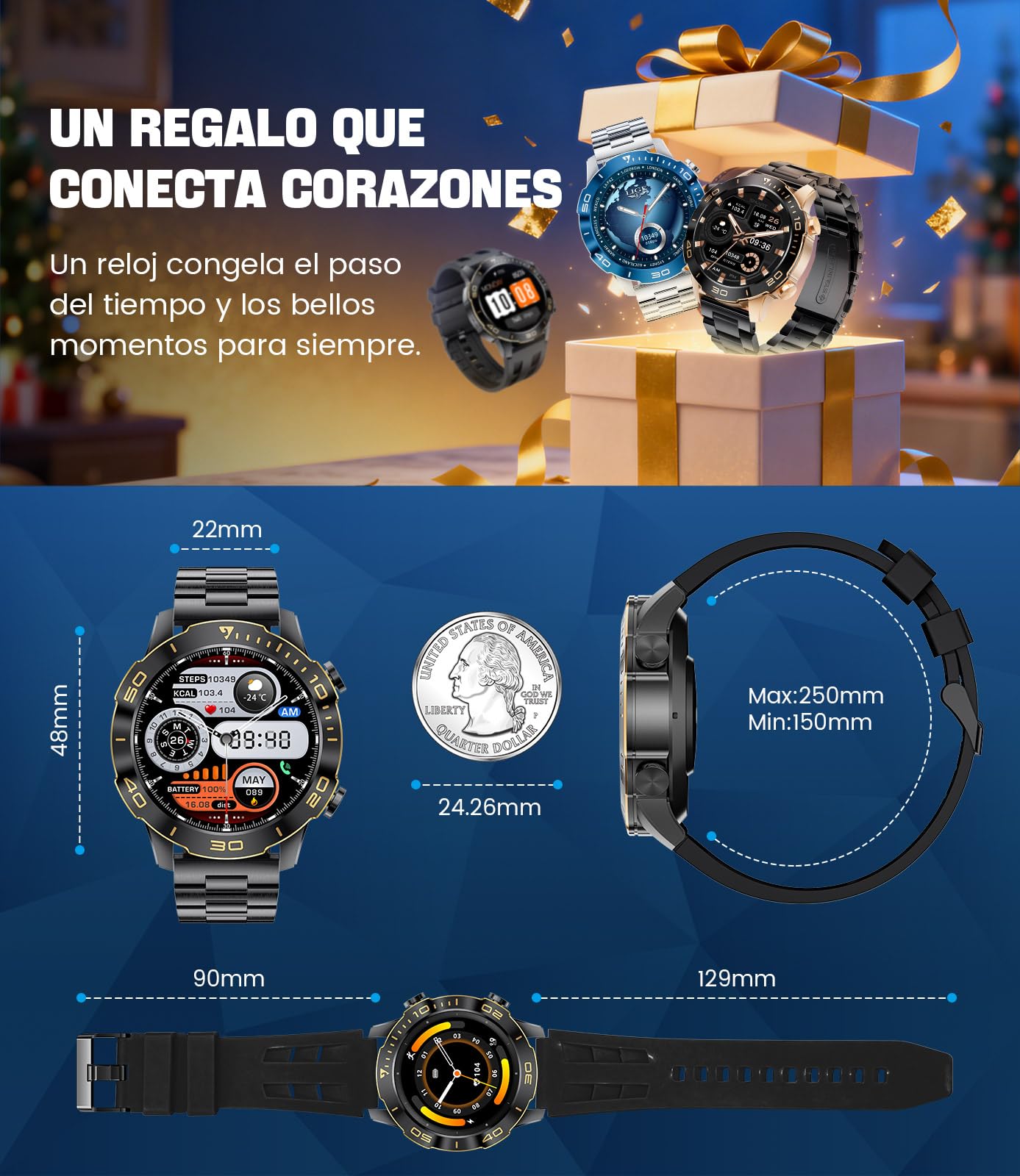 LIGE Reloj Inteligente Hombre, 1.43" AMOLED Smartwatch con 24/7 Frecuencia Cardíaca, SpO2, Duración del Sueño, A Prueba de Agua IP68, 170+ Deportes, 300+ Esfera, Caja Negra con Indicios Dorado