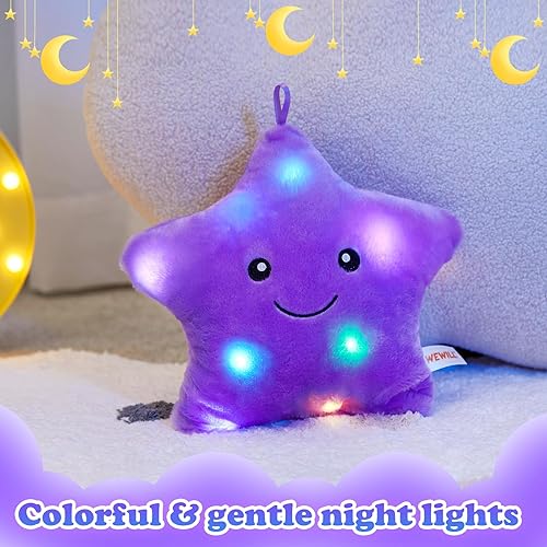 Miniatura 4 de WEWILL Almohada de felpa suave con luces LED centelleantes de 9 pulgadas, con luces nocturnas coloridas, cumpleaños para niños pequeños (morado)