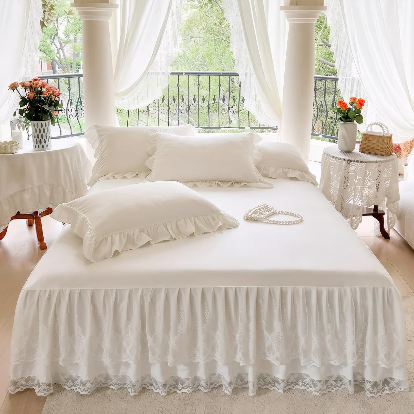 Gonna da letto con volant per letto – Gonna in pizzo a 3 strati con 16 cadute, elegante avvolgente intorno a 59x79'' per nascondere sotto i contenitori