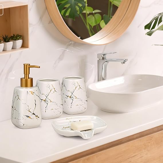 Bathroom Accessories Set, 4 Pcs Ceramic Bath Accessory Set Luxury Marble 2Pcs Toothbrush Holder/Tumbler + Liquid Soap or Lotion Dispenser Dish Creative Bath Set Modern Bathroom Decor (White)