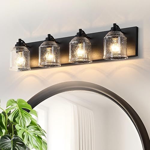Vista 18 de Luces de tocador para baño grandes de 31.5", lámpara de tocador rústica de granja con pantallas de vidrio burbuja, gris, accesorio de iluminación