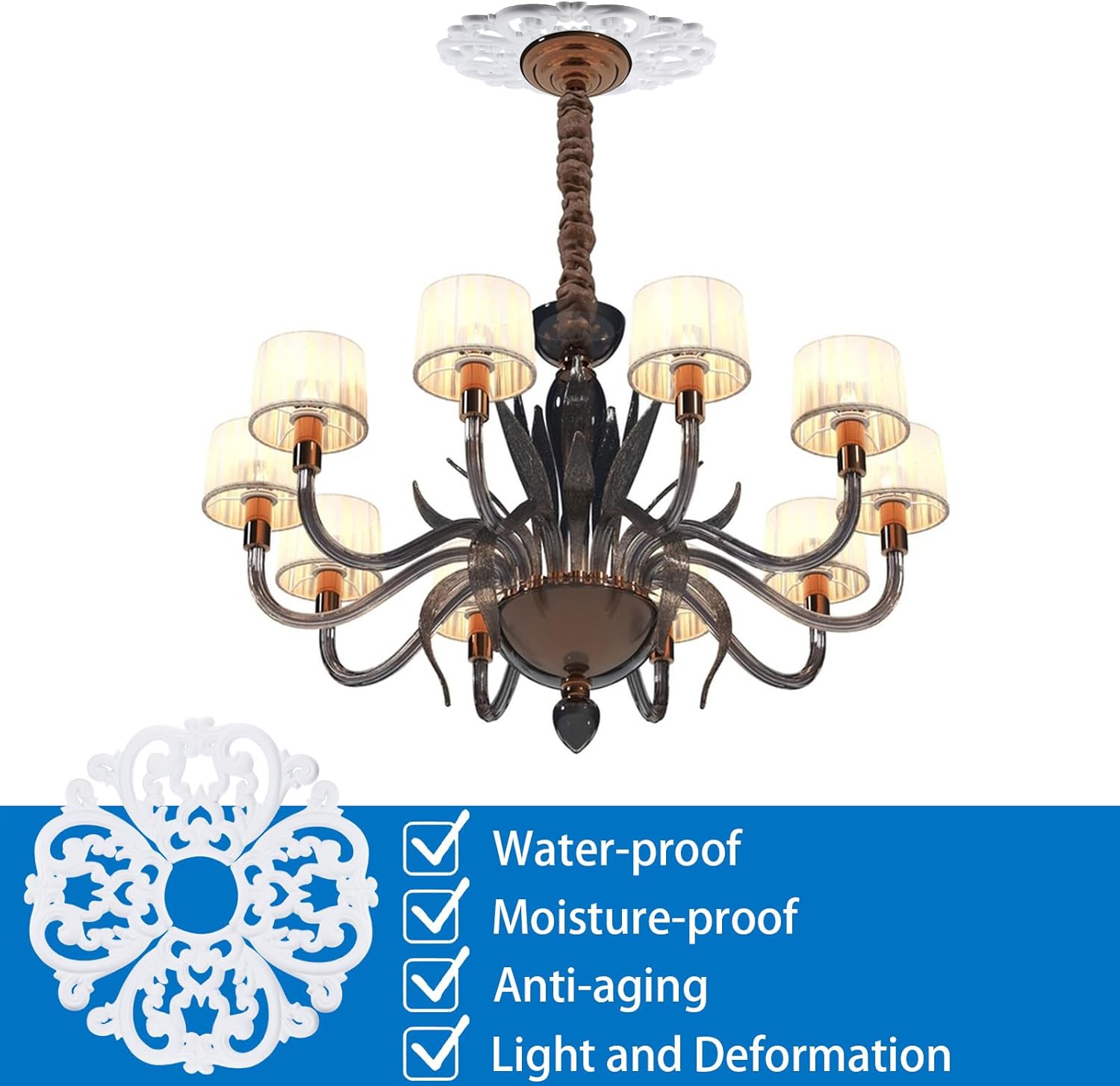 INCREWAY 1PCS PU Ceiling Medallion Decorative Ceiling Fan Medallion White Round Home Lighting Living Room Aisle Ceiling Chandelier Base for Light Fixtures Chandeliers