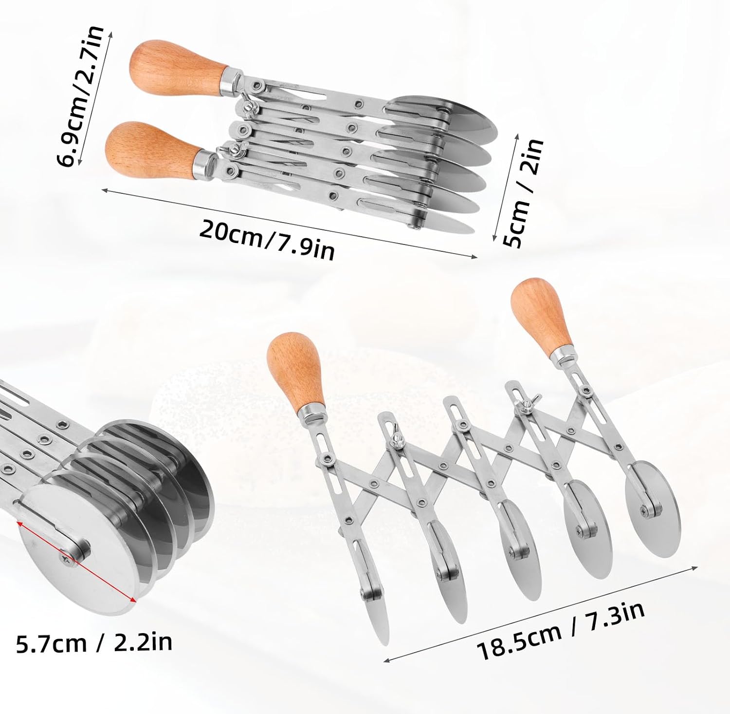 5-Wheel Pastry Cutter, Stainless Steel Dough Divider with Wooden Handle Adjustable Heavy Duty Pastry Wheel Multi-Use Kitchen Utensil for Pizza Pies Pasta Waffles Dough Brownies Lattice