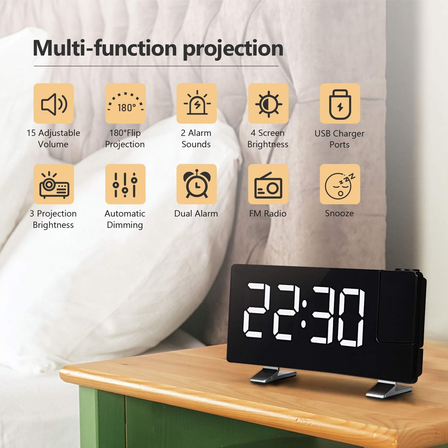 LC.IMEEKE Projection Alarm Clock, 7" LED Curved-Screen Large Digital Display, Adjust Brightness Automatically, 12/24 Hour,Dual Alarm Clock with 2 Alarm Sounds, Projection Clock on Ceiling (White)
