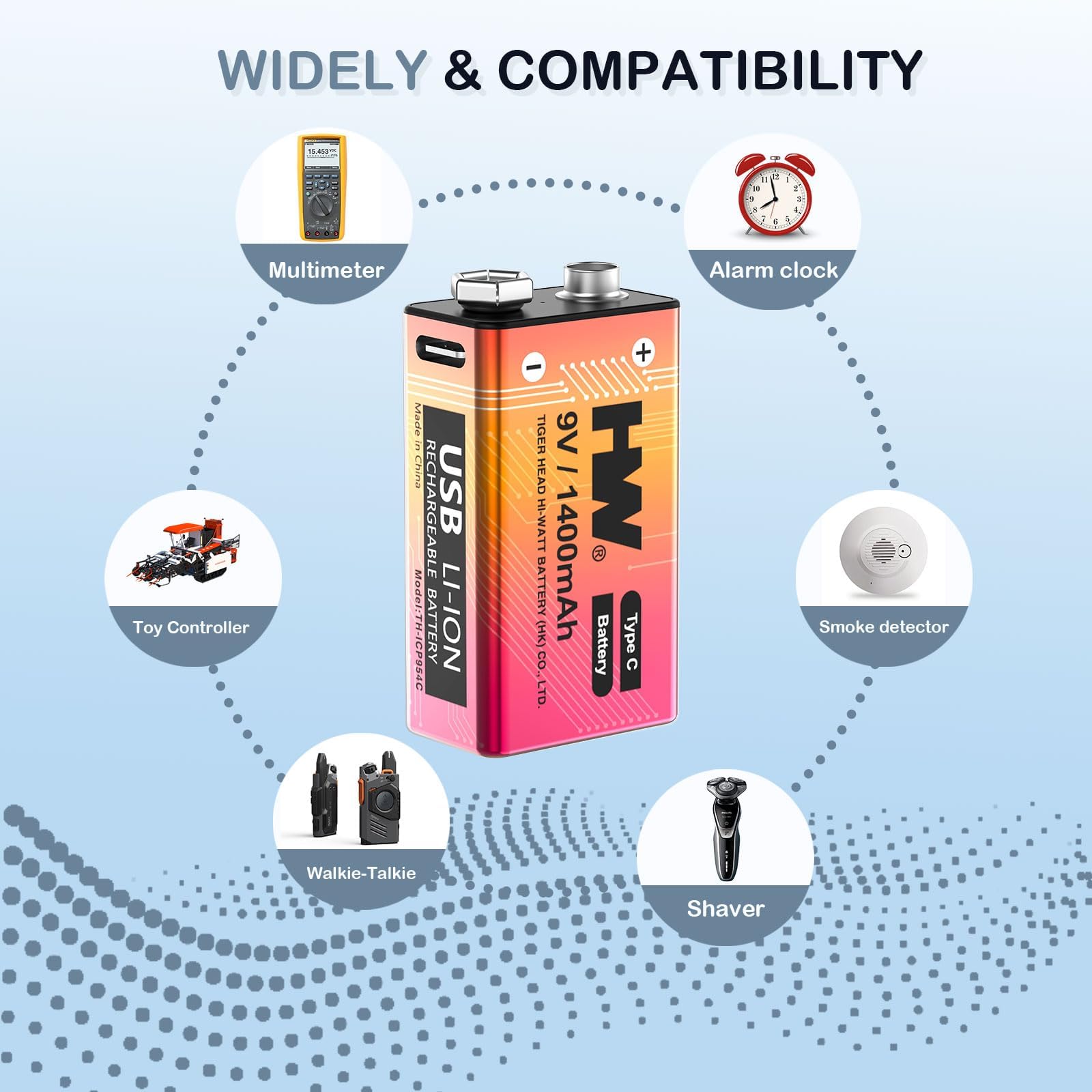 HW Confezione da 12 batterie ricaricabili da 9 V, batteria al litio da 1400 mAh 9 V con cavo di ricarica rapida USB C, oltre 1600 cicli Baterias quadrate per rilevatori di fumo, allarmi antincendio