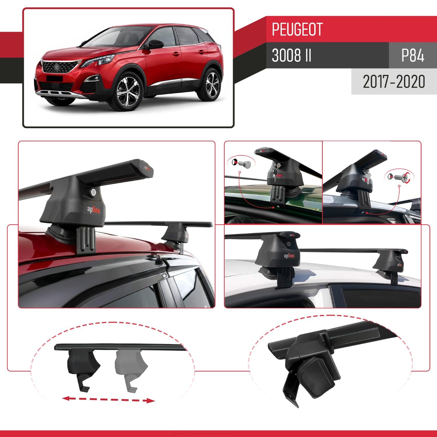 Bagażnik dachowy kompatybilny z Peugeot 3008 2016-2020, bagażnik dachowy ACE-4, czarny