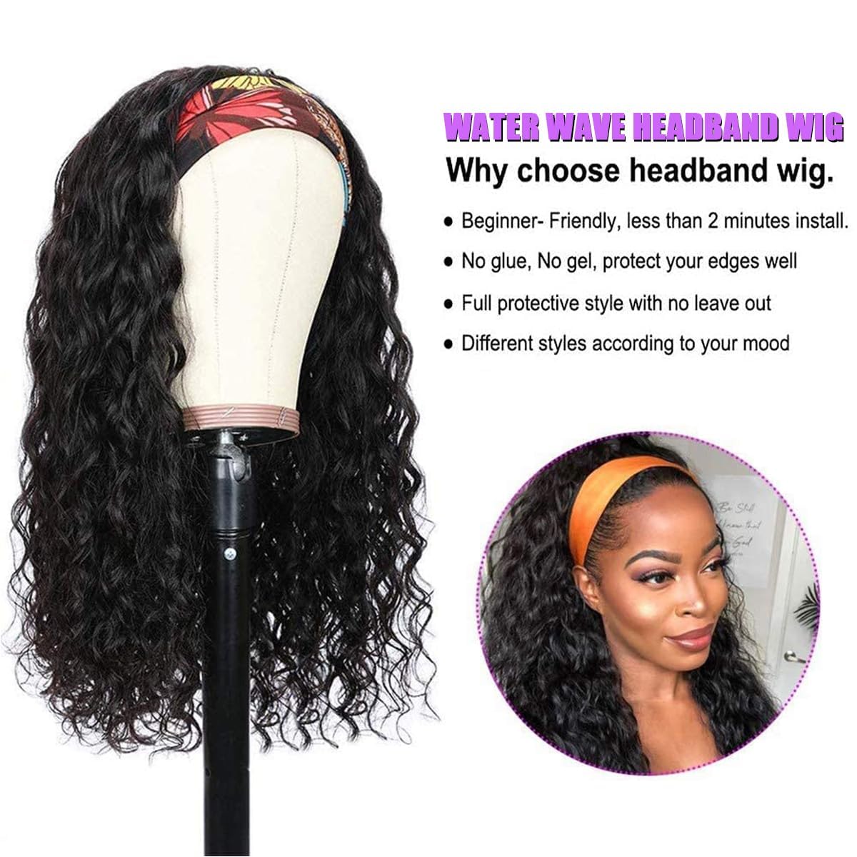 Long Headband Wig Human Hair Water Wave Headband Wigs for Women Curly Wigs Glueless No Lace Front Wig Brazilian Virgin Human Hair 180% Density Natural Black Color 30Inch
