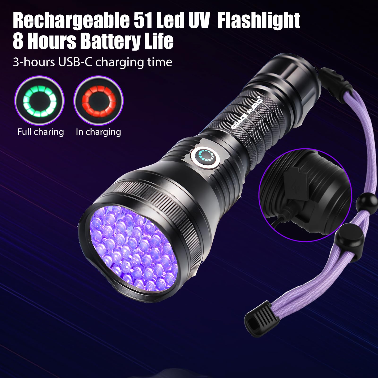 Linterna UV recargable, 51 LED de 395 nm, luz negra, luz UV ultravioleta, detector de orina de mascotas para orina de perro/gato, manchas secas, chinches, curado de resina, escorpiones
