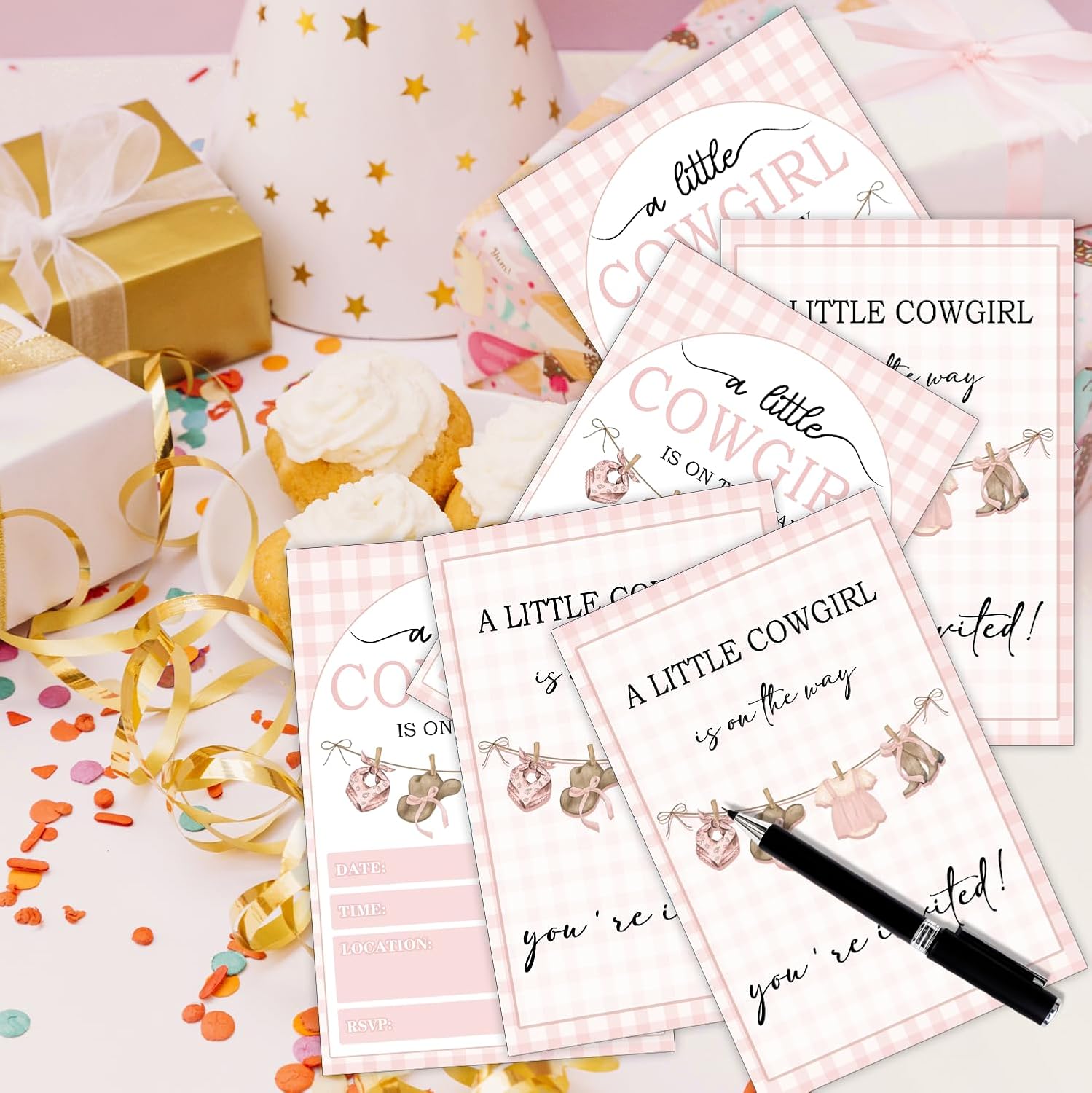 A Little Cowgirl Is On The Way Baby Shower Invitations - 25 Count Fill-In Pink Cowgirl Cards with Envelopes, 4x6 Inch Paper Invites for Gender Reveal Party Decorations and Supplies