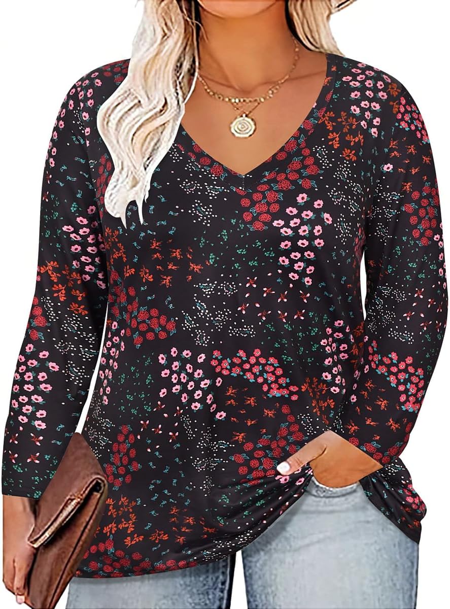 RITERA Womens Plus Size Tops Long Sleeve Shirts V Neck Tunics Fall Casual Pullover Loose Fit Basic Tshirt XL-6XL 14W-30W