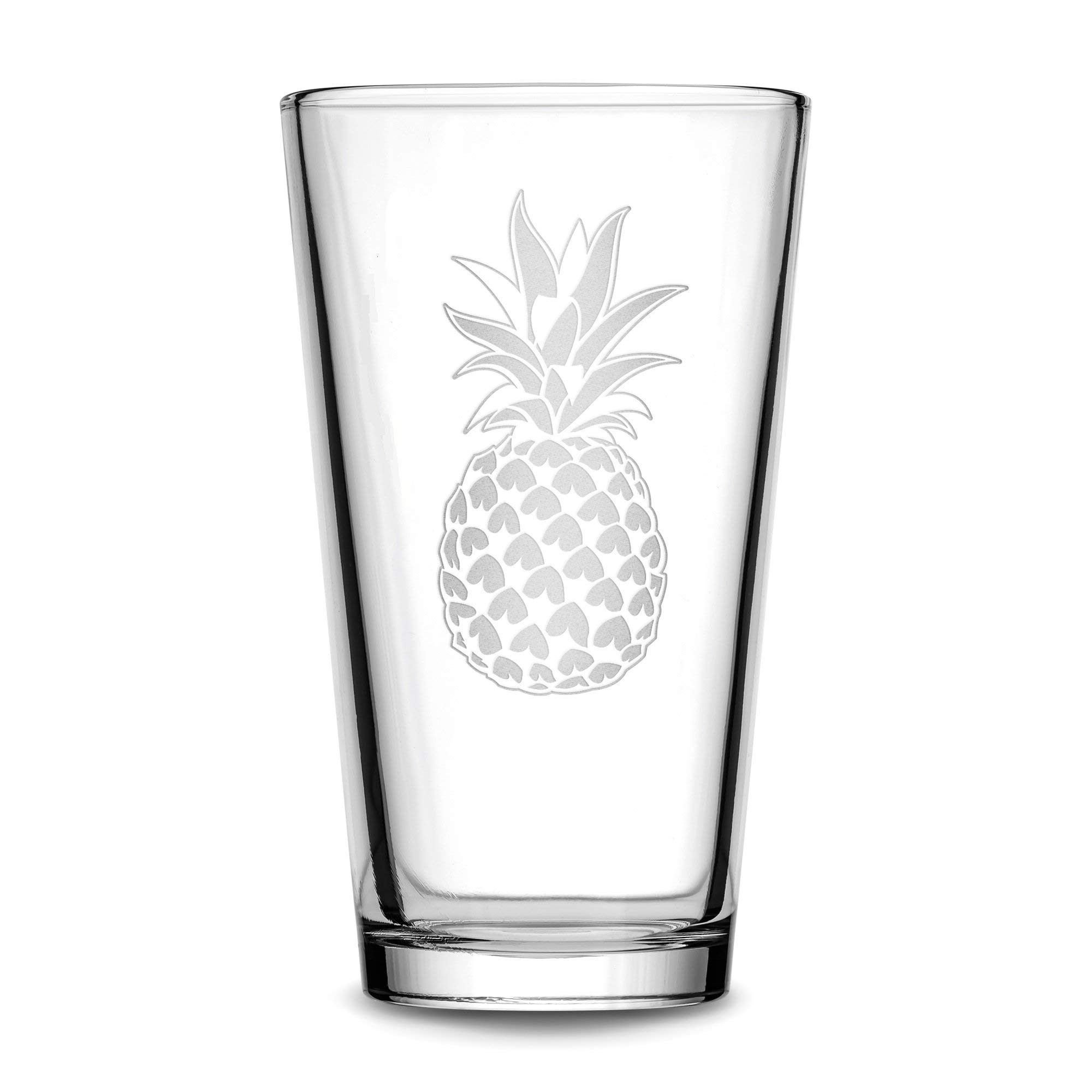 Integrity Bottles Tropical Pineapple Design, Premium Pint Glass, Handmade, Handblown, Hand Etched Gifts, Sand Carved, 16oz