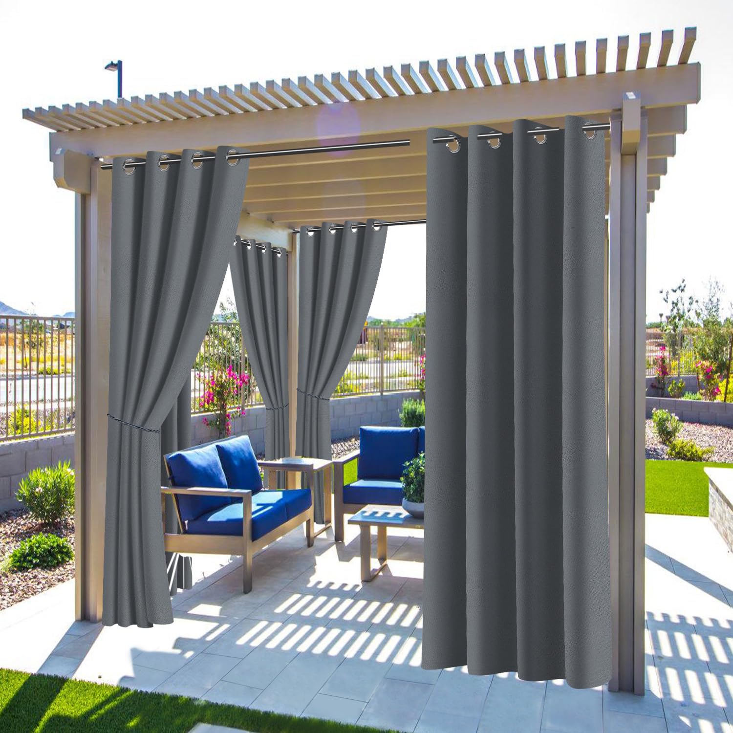 Garden Lot de 2 rideaux d'extérieur résistants aux intempéries avec œillets 254 x 213 cm (hauteur x largeur) - Rideau brise-vue - Protection solaire pour terrasse, balcon, pavillon - Gris