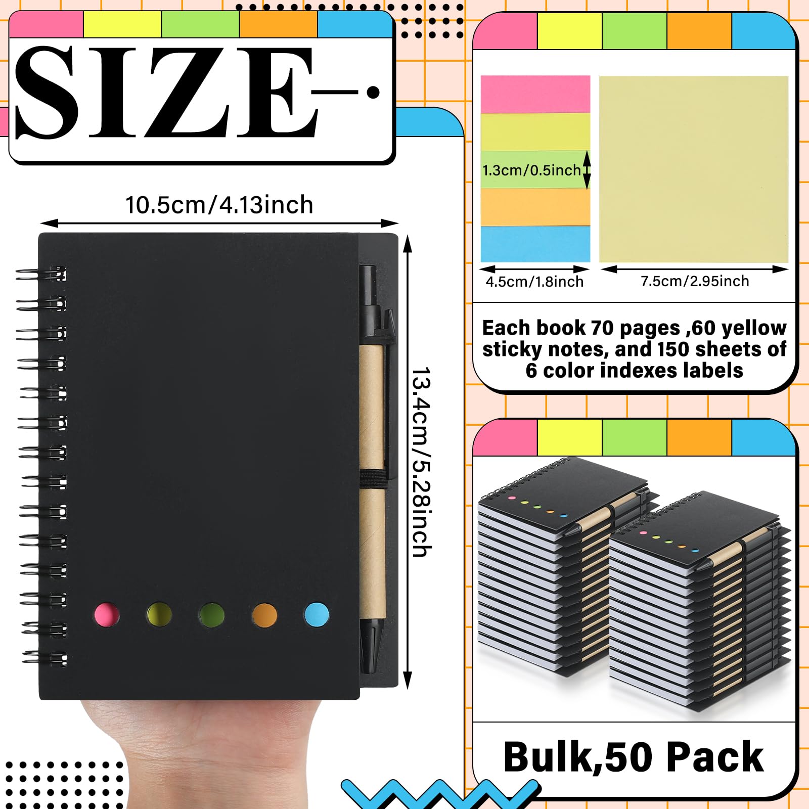 Qilery Confezione da 50 quaderni a spirale a righe, piccolo blocco note e penna, blocco note a righe, nero, tascabile, per ufficio, ufficio, scuola