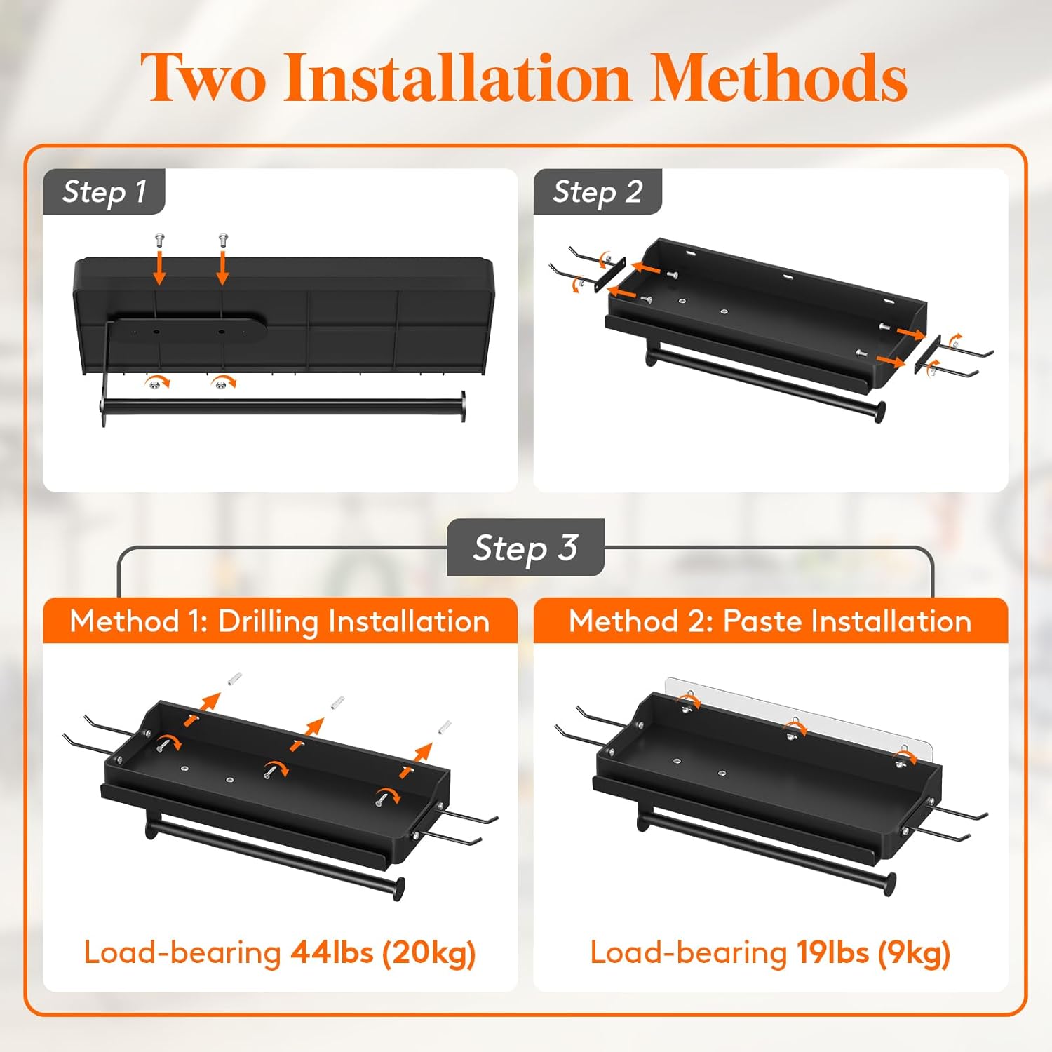 Lifewit Garage Paper Towel Holder with Shelf, Shop Towel Holder, Wall Mount Tool Rack with 4 Hooks&Phone Stand, Stick on Adhesive (Hold 19lbs) or Screws(44lbs) for Clean Station/Craft Room,2Pack,Black