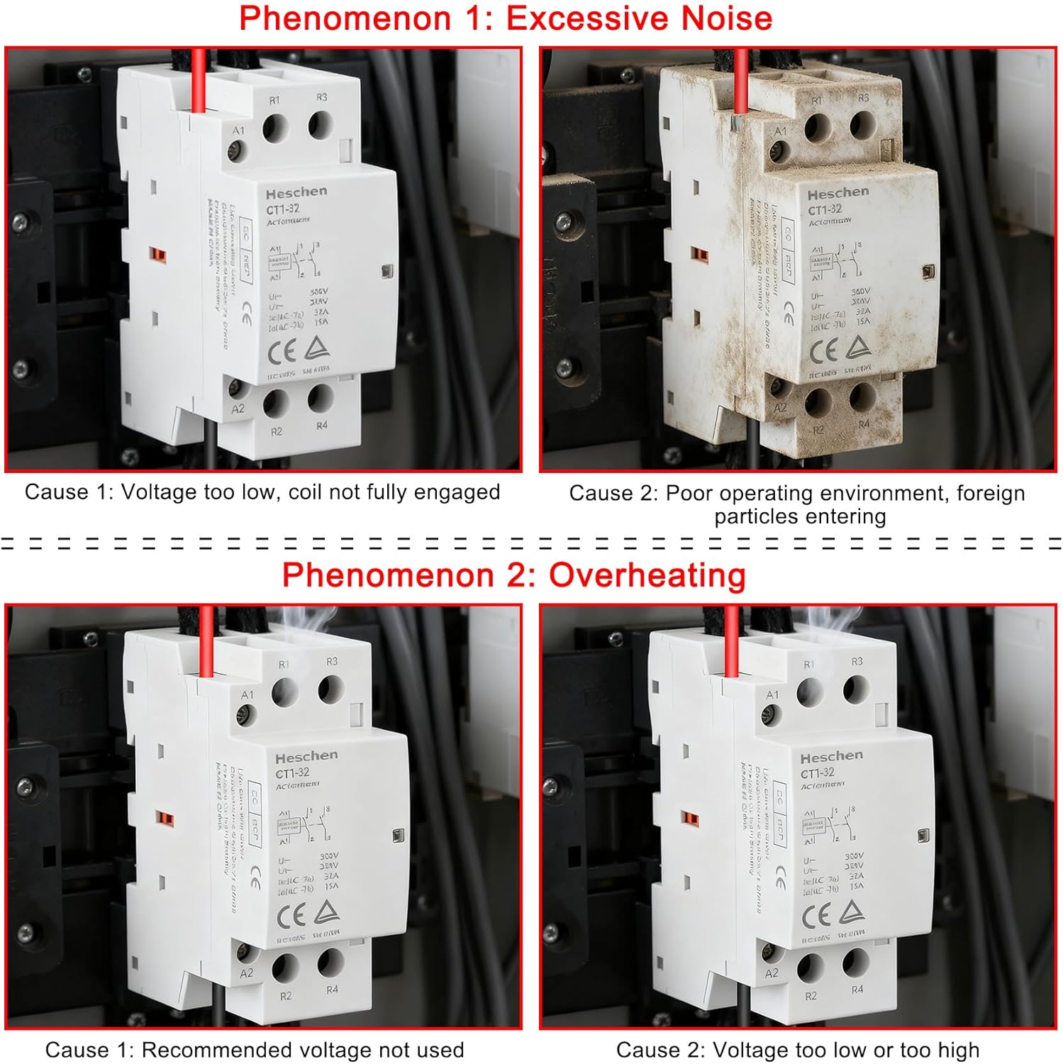Images showing various application scenarios for the Heschen AC Contactor, including controlling a water pump, a water heater, and lighting in a coffee shop, as well as integration into a control panel.