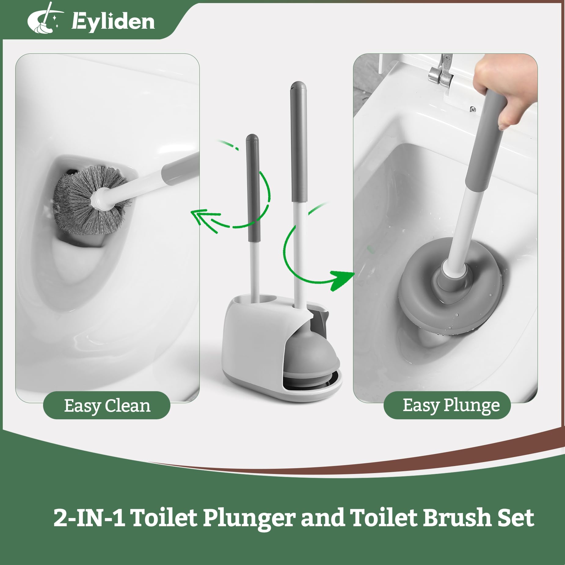 Eyliden 2-in-1 WC-Bürste & Kolben Set – Mit 10 Nachfüllköpfen, 3-stufigem Saugnapf, Weiß