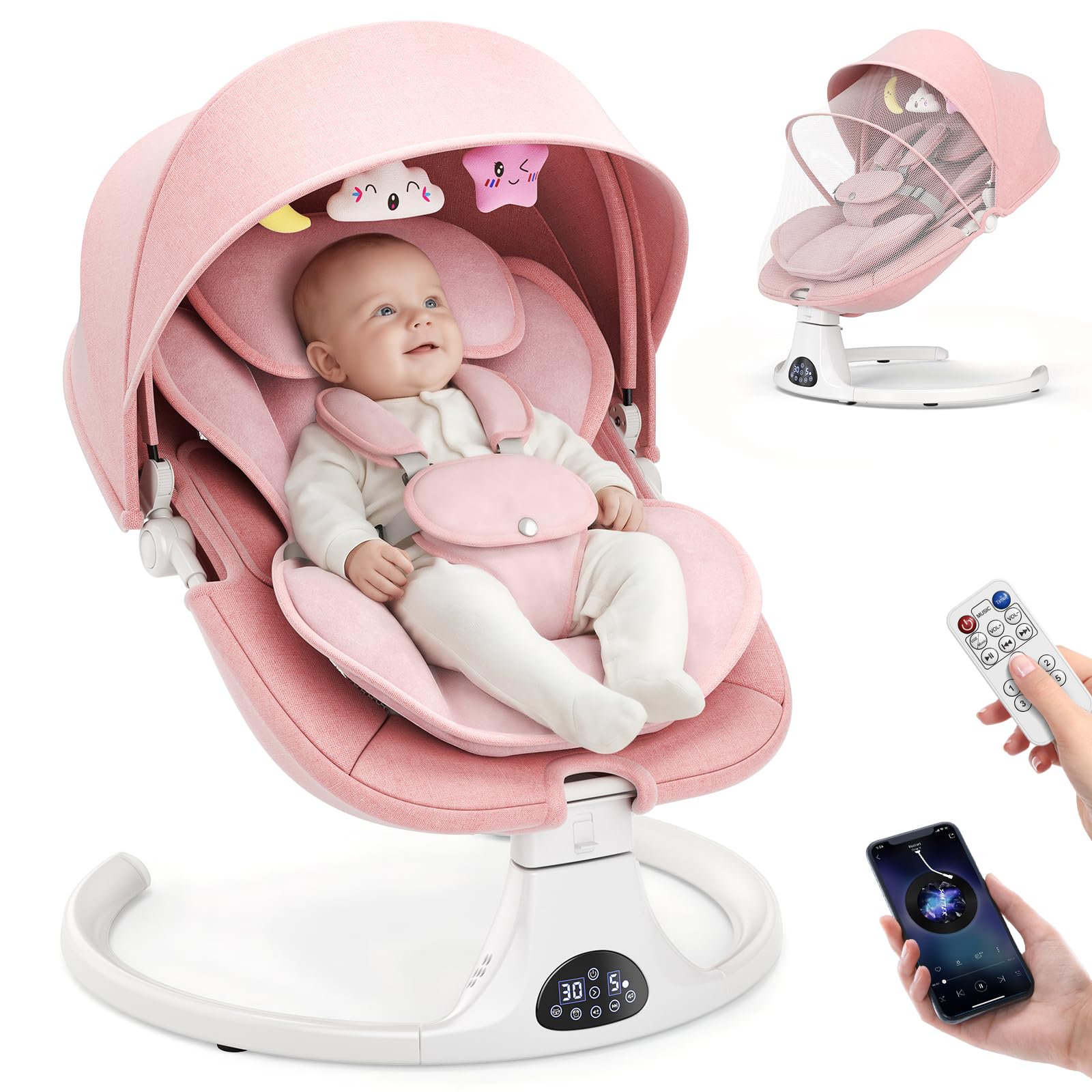 Balançoire électrique pour bébé, 5 positions de balançoire, 3 positions | Musique Bluetooth, télécommande, 10 berceuses, harnais 5 points, siège et auvent en maille, design portable pour la maison et