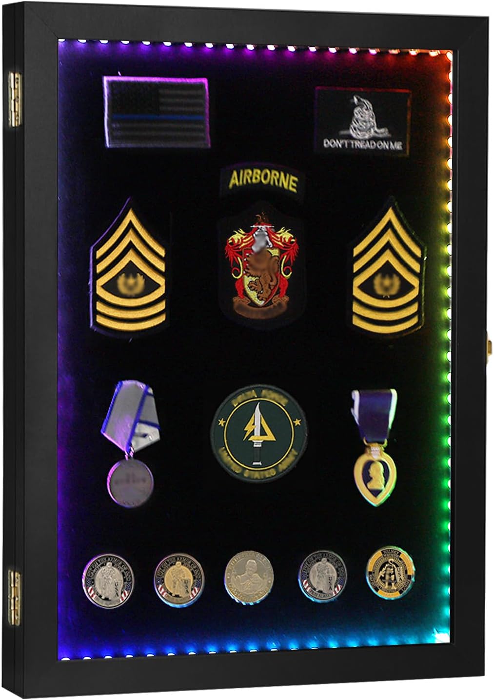 VERANI LED Pin Display Case 14x19 Pin Collection Display Box Military Medal Display Frame with Uv Protection Acrylic Door for Beach Tags Jewelry Insignia Ribbons Patches Insignia Ribbons Sport Pins