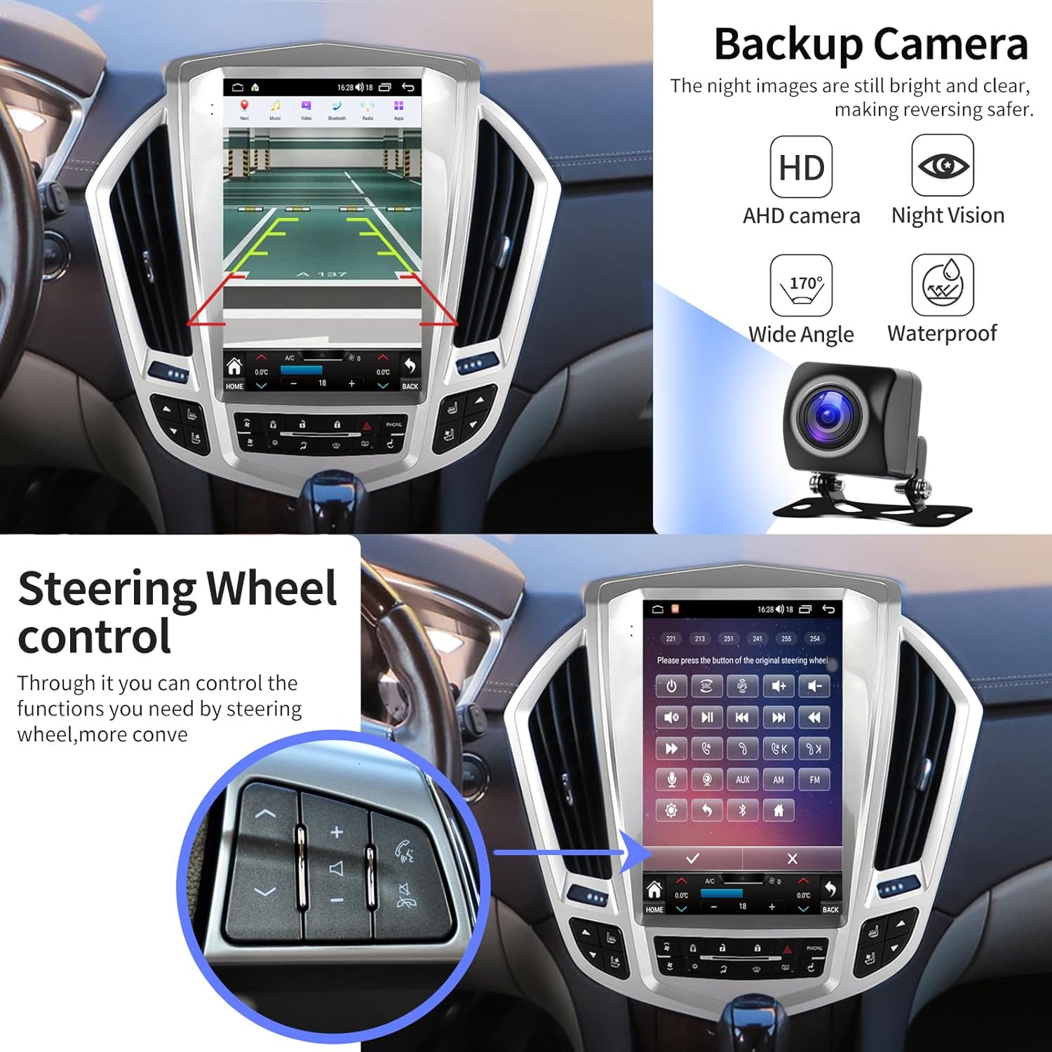Steering wheel control integration and backup camera display