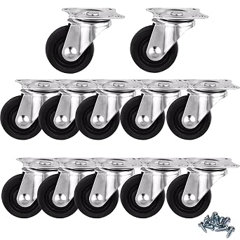 12Pack 1" Swivel Caster Wheels Rubber Base with Top Plate & Bearing,Small Casters Trolley Wheels 12