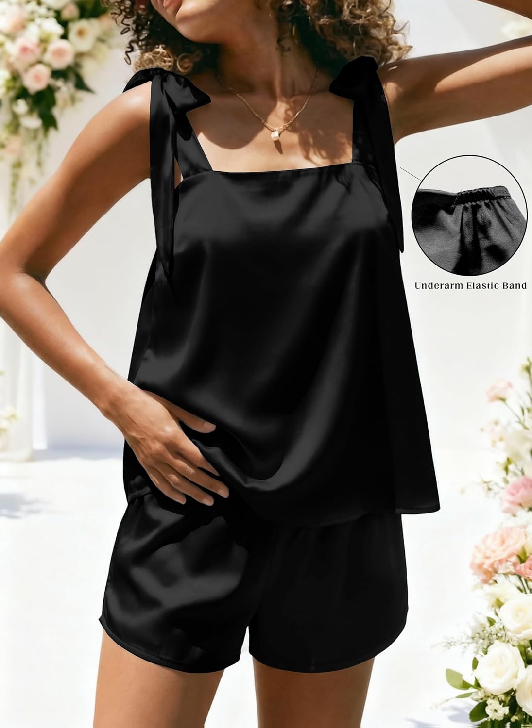 Ekouaer Womens Silk Pajama Set Bow Tie Knot Tank Top Satin Pjs Sets for Bridal Party 2 Piece Cami Shorts Sleepwear S-XXL - Image 2