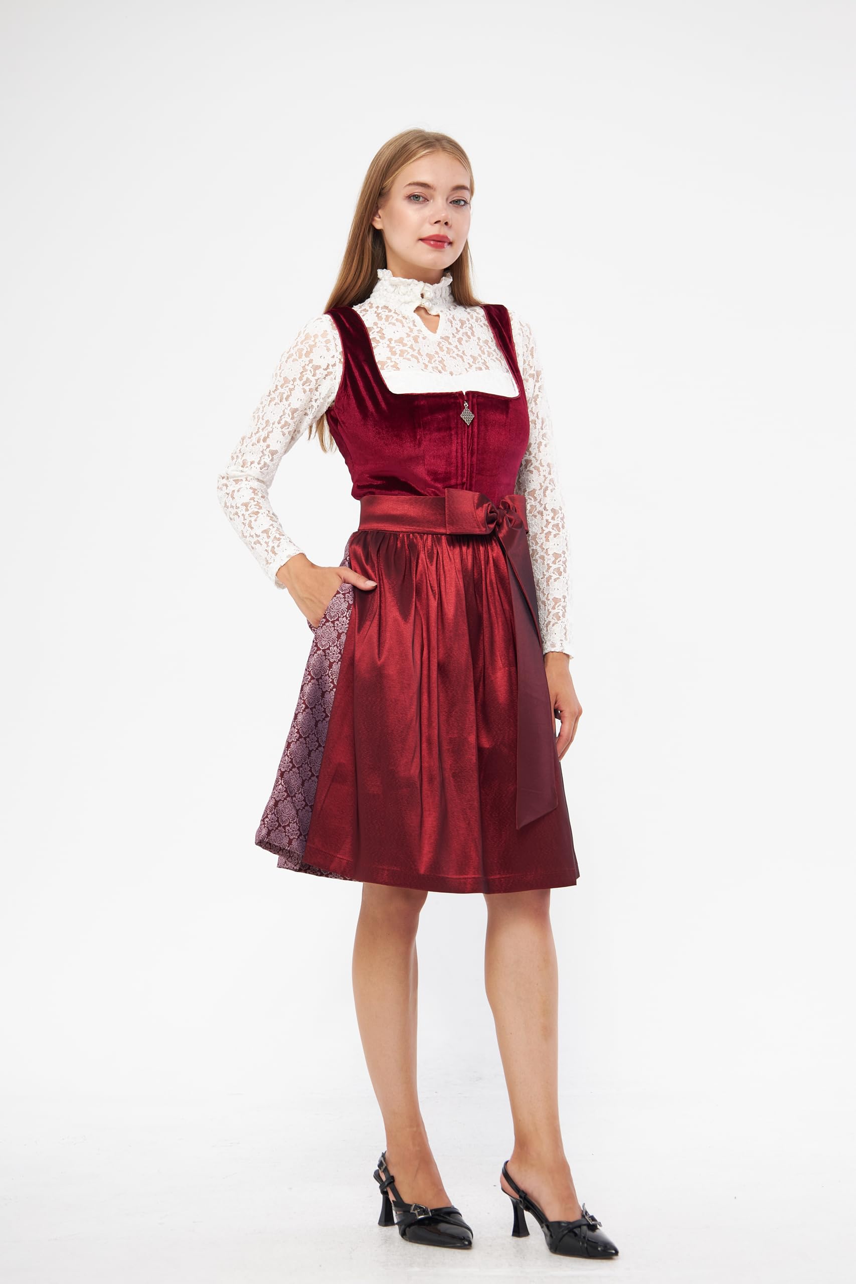Lifos 0400 Damen Samt Dirndl mit Schürze 2 Teiliges Midi Trachtenkleid für Oktoberfest Wiesn und Volksfest