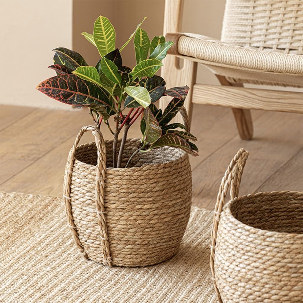 Woven Straw Flower Pot, Sea-Grass Planter Basket,Wicker Basket Planters for Indoor Plants,Rattan Grass Woven Sundries Organizers Storage Bins, Floor Standing Storage,Balcony Garden Decoration (M)