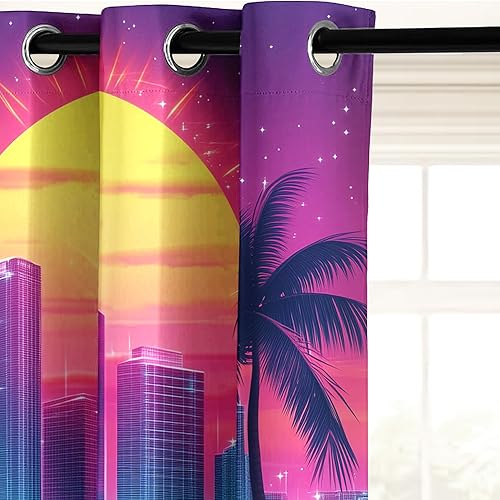 Miniatura 4 de Cortinas de neón Synthwave para dormitorio, cortinas de atardecer urbano de 63 pulgadas de largo para sala de estar, cortinas opacas retro de los