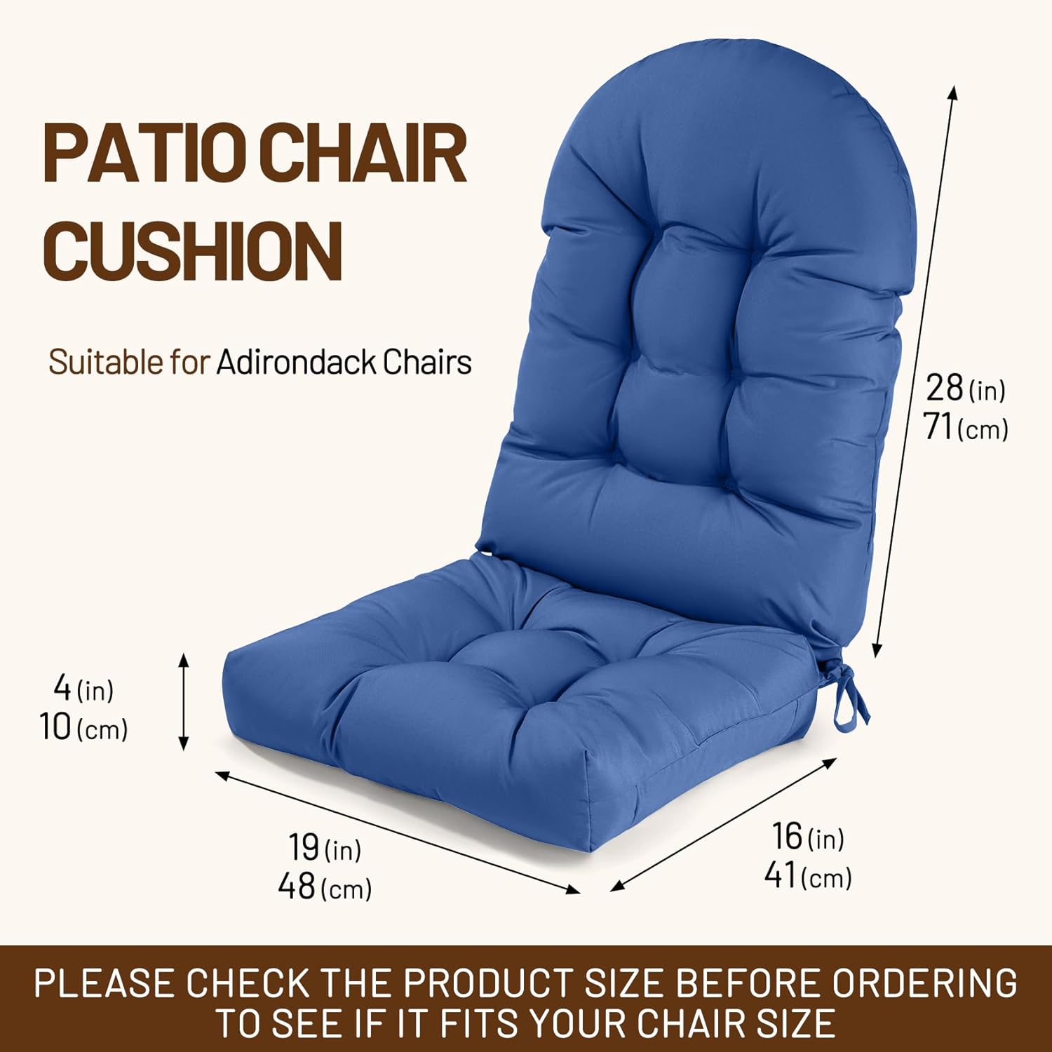 Adirondack Chair Cushion,45 Inches Waterproof High Back Outdoor Chair Cushions with Non-Slip Bottom,High Back Patio Chair Cushions,Rocking Chair Cushion Outdoor with Lace-up