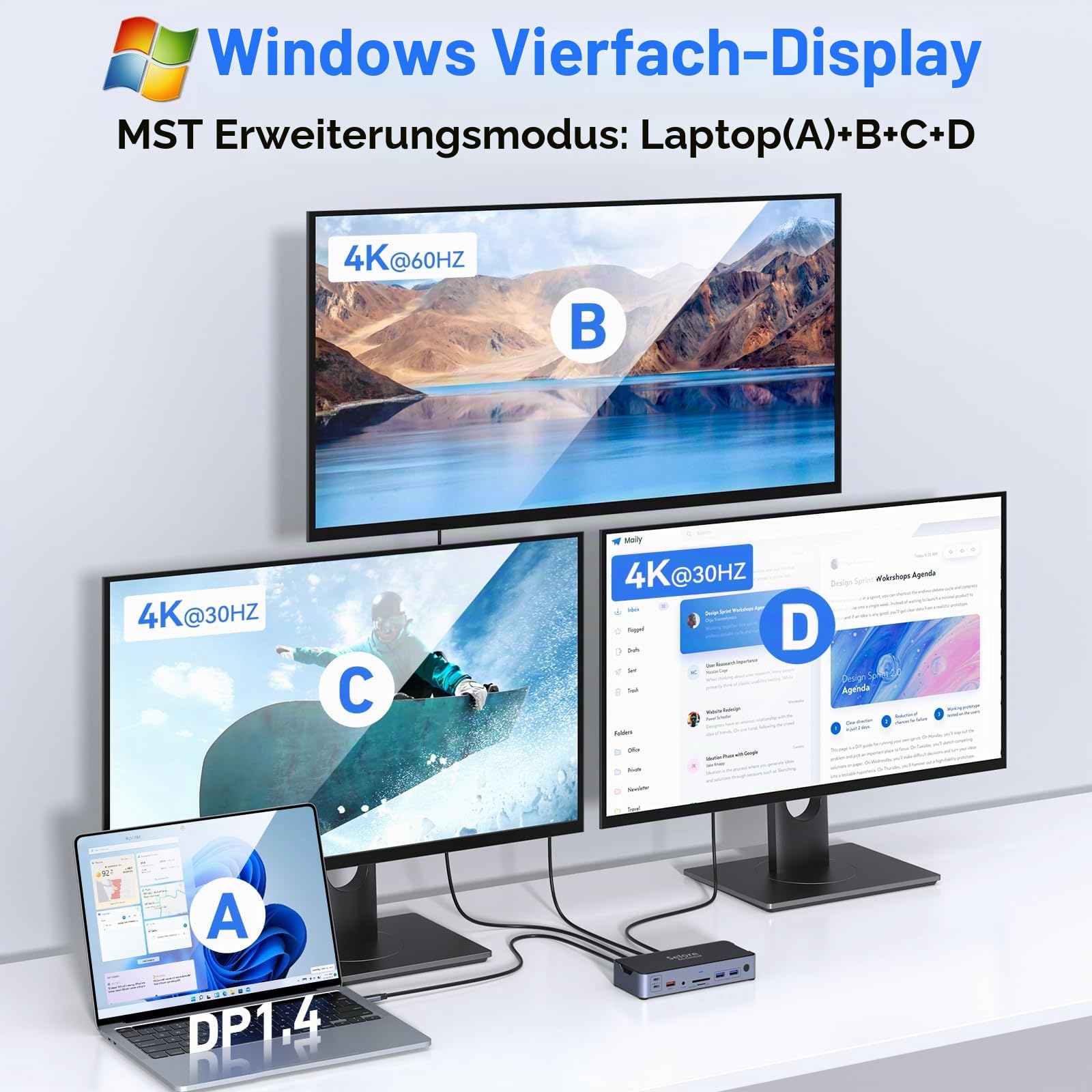 USB C Docking Station 3 Monitore, 15 in 1 Laptop Dockingstation mit 8K@30Hz DP & Dual HDMI, 4K@30Hz Triple Display für DP1.4, 10Gbps USB 3.1&2 USB C, 2 USB3.0, USB2.0, 100W PD, RJ45, SD/TF, Audio