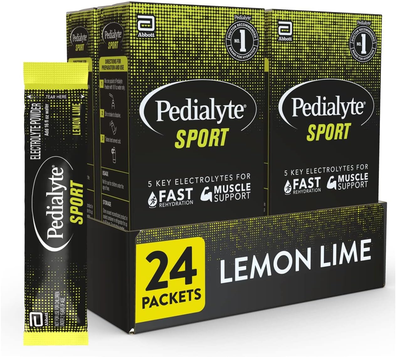 Pedialyte Sport Electrolyte Powder, Fast Hydration with 5 Key Electrolytes for Muscle Support Before, During, & After Exercise, Lemon Lime, 0.49-oz Packets (24 Count)