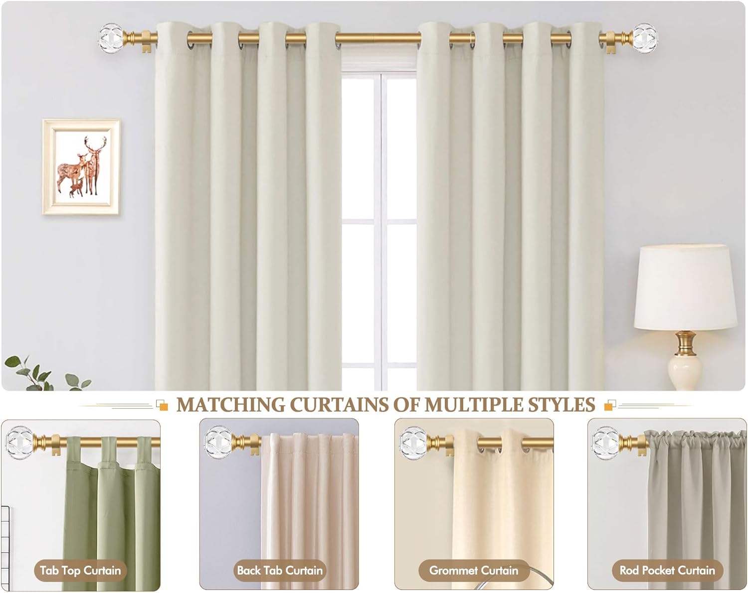 KAMANINA 1 Inch Curtain Rod 72 to 144 Inches (6-12 Feet) Telescoping Luxury Gold Curtain Rods for Windows, Heavy Duty Long Drapery Rods with Crystal Netted Texture Ends, 32-144"