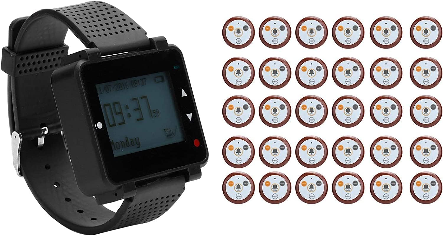 Wrist Pager, Wireless Paging System Wrist Smart Service Calling System, 30 Pagers + 1 Receiver, for Elderly/Patient/Disable (UK Plug)
