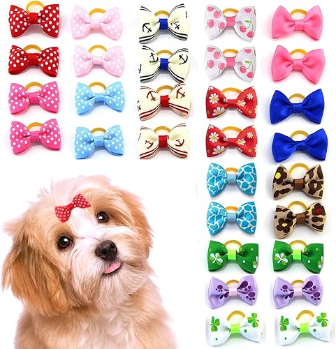 Miniatura 1 de Mewtogo 30 unids15 pares de lazos de pelo de perro con bandas de goma accesorios para el pelo de mascotas para niñas cachorros pequeños banda de goma