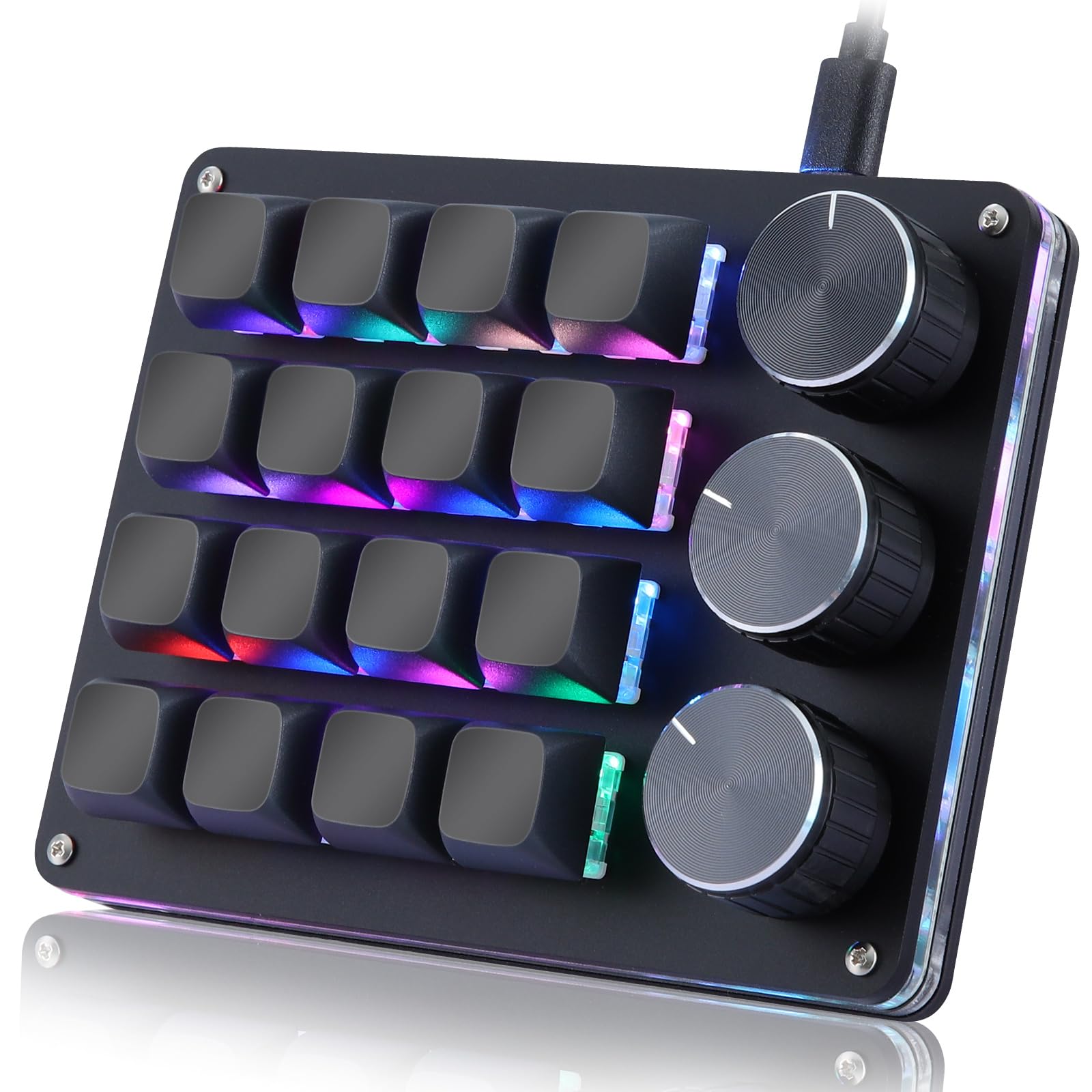 Koolertron Programowana klawiatura 16 przycisków, przenośna mini klawiatura z 3 pokrętłami, w pełni konfigurowalna klawiatura makro z podświetleniem RGB, 6 poziomów regulacji, klawiatura gamingowa do