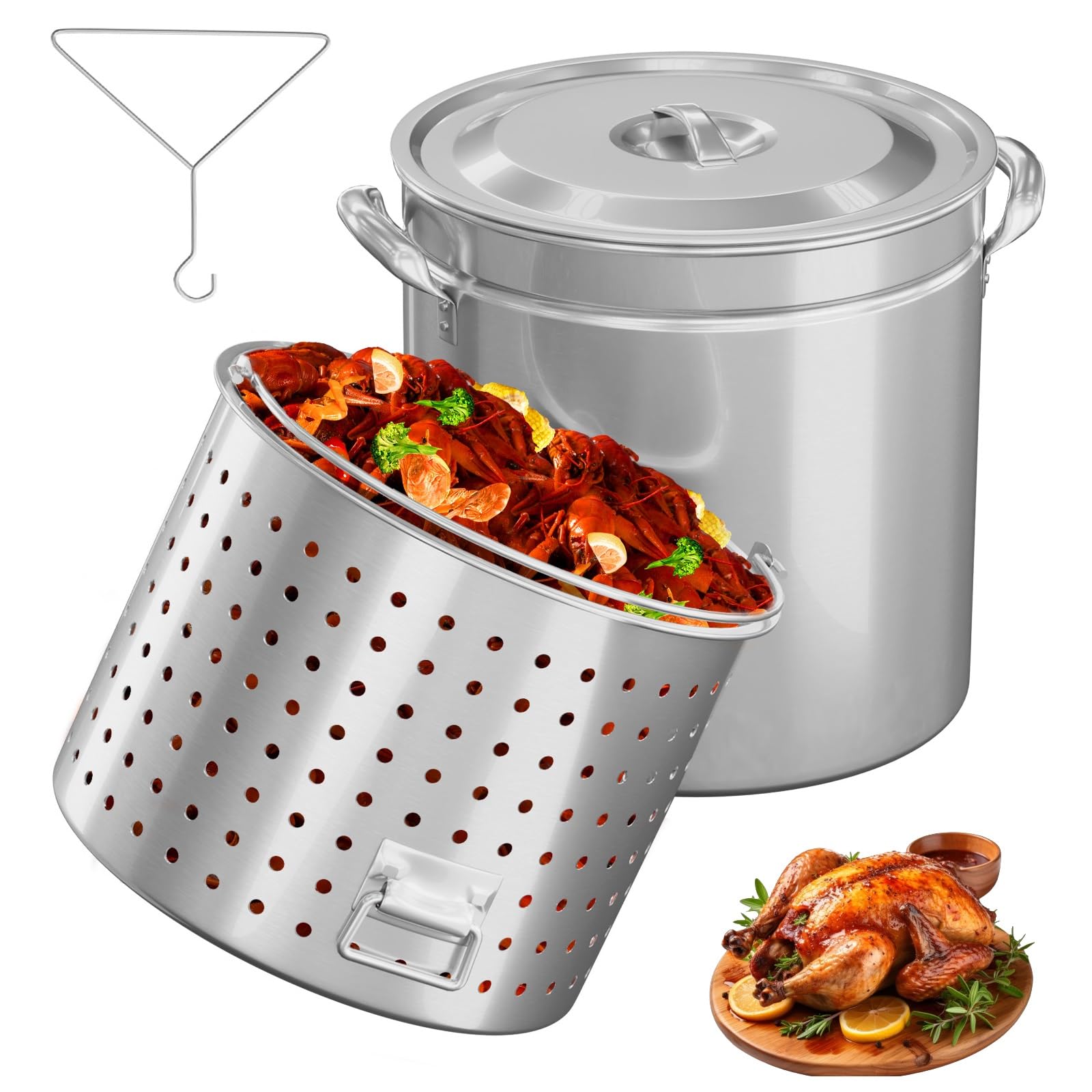 ROVSUN 102-quart stainless seafood boil pot with basket, lid, and lifting hook