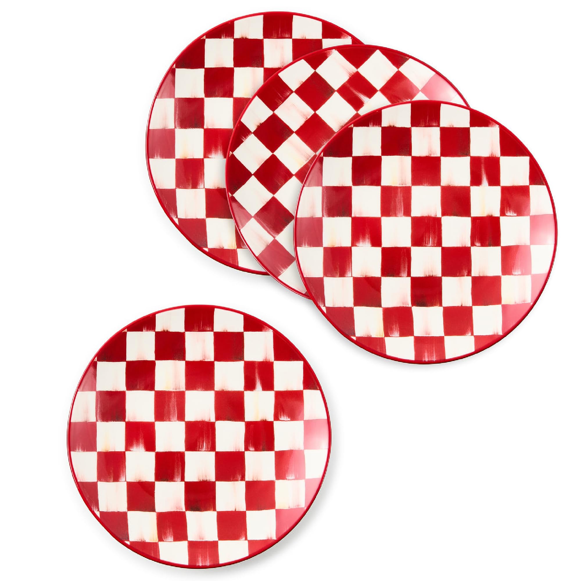 MACKENZIE-CHILDS Set of 4 Stoneware Salad Plates, Decorative Dinnerware Plate, 7.5 Inches, Red-and-White Cherry Check