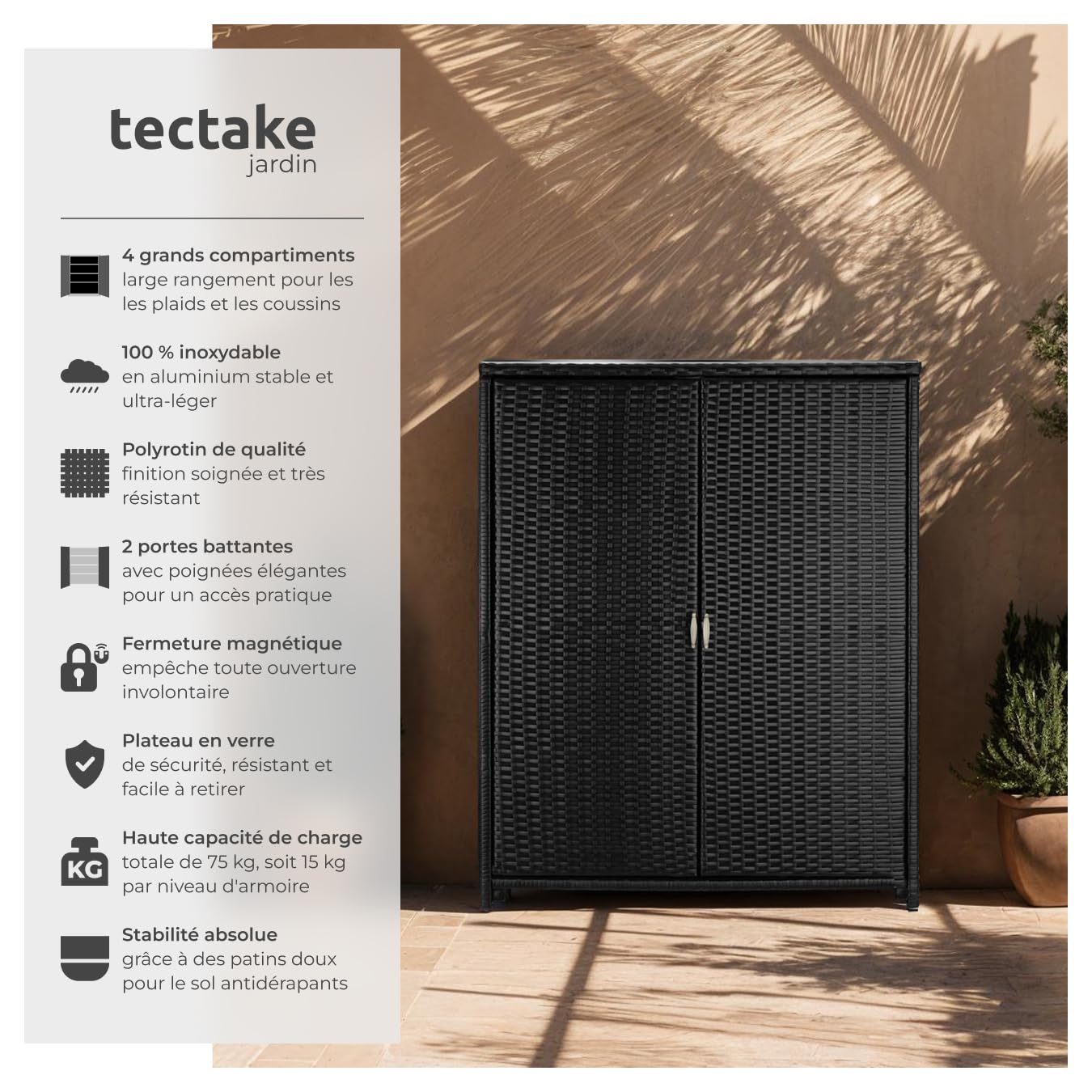 tectake® Armoire de Jardin Abri de Jardin en Résine tressée & Aluminium Inoxydable Solide, avec 2 Portes battantes, Remise pour Outils de Jardinage 3 étagères Accessoires de Piscine Jouets Enfants