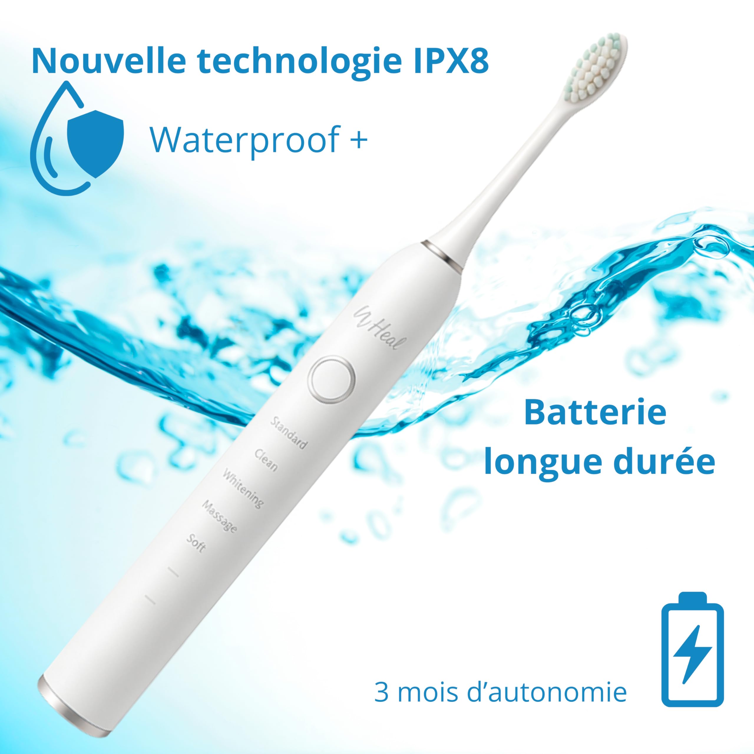 * MY HEAL* | Cepillo de dientes eléctrico sónico | 3 meses de duración | 5 modos de cepillado con temporizador de 2 min integrado | Recargable USB | Paquete de 1 cepillo de dientes y 2 cabezales de