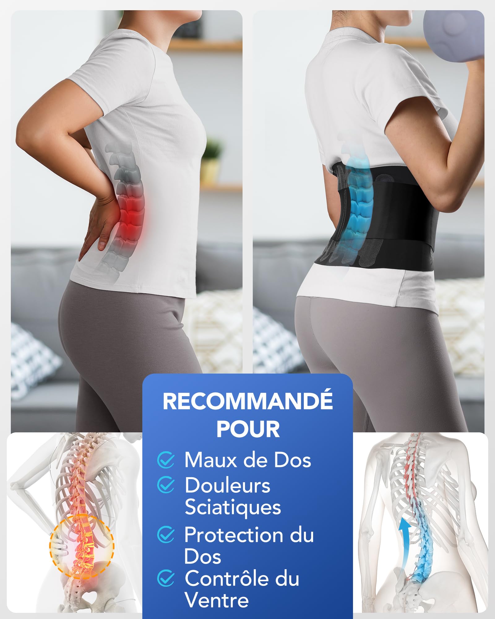 Fitomo Ceinture Lombaire, Ceinture de Soutien Lombaire avec Coussin 3D et 6 Attelles, Tissu Ultra Fin 0,5 mm, Bande Lombaire Élastique pour Femme et Homme pour Travail, Sciatique, Posture, M